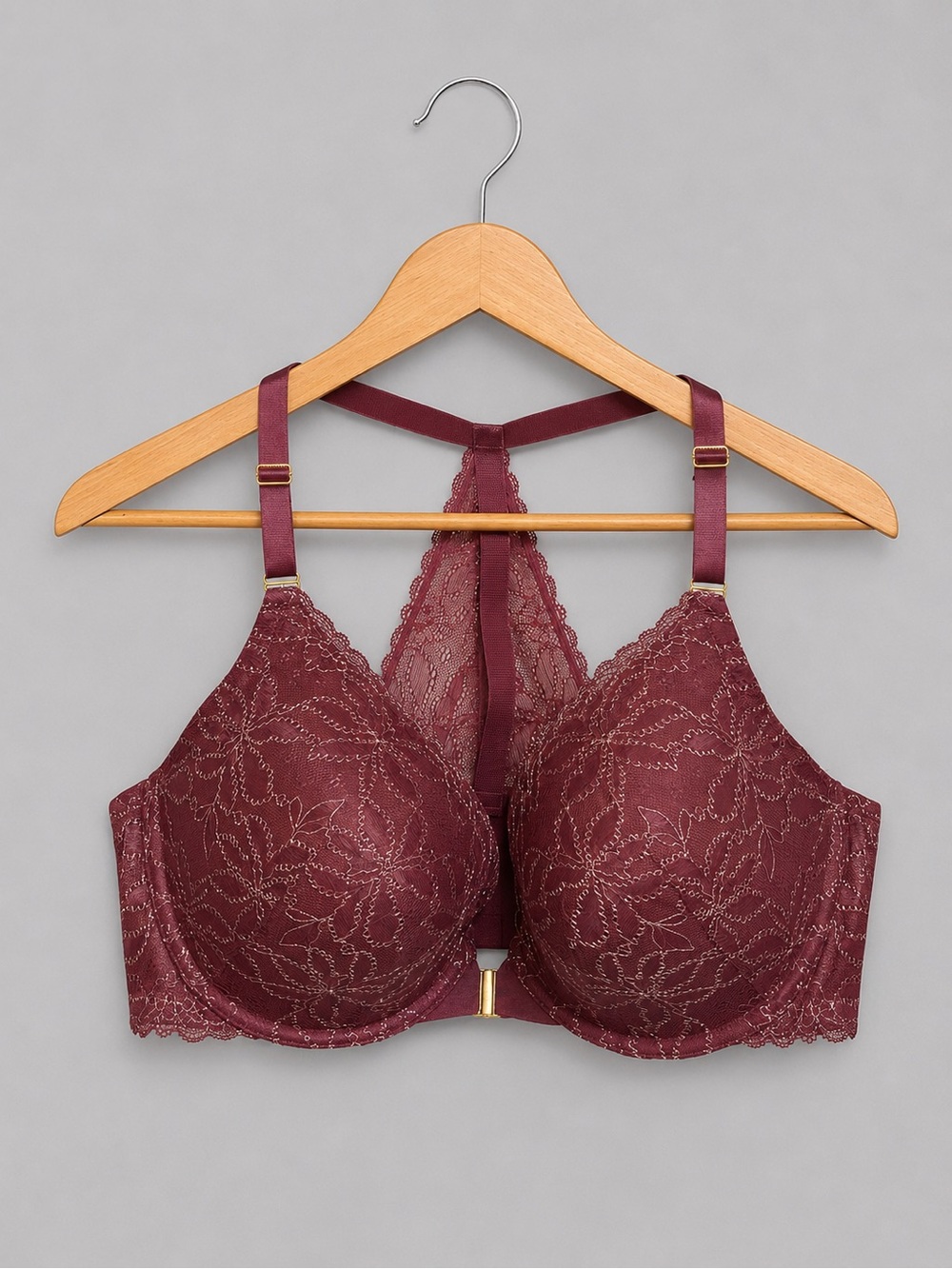 Cacique Boost Plunge Front Closure Lace Racerback Bra Burgundy 44D NWOT